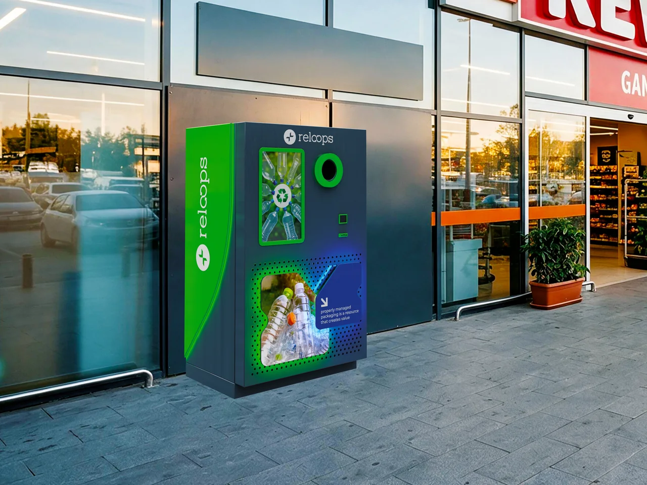 Reloops reverse vending machine outside a store
